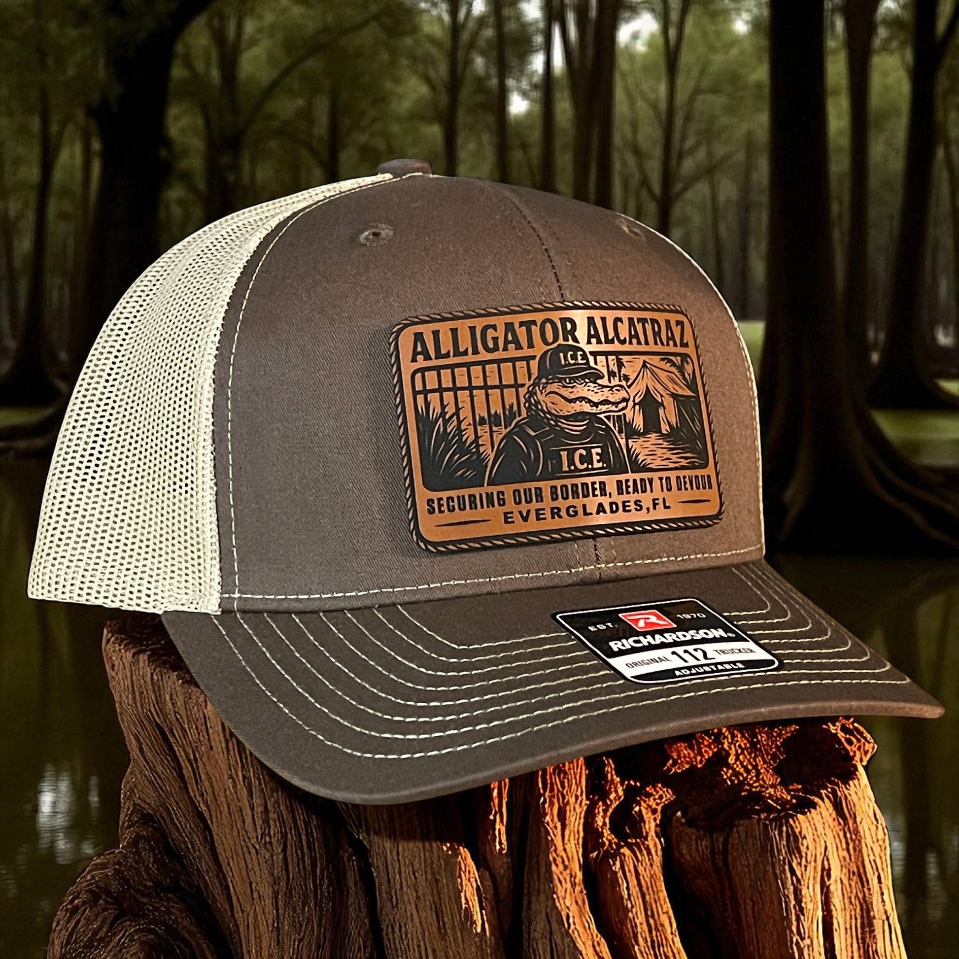 Alligator Alcatraz Swamp ICE Funny Leather Patch SnapBack Trucker Hat - Hollow Point Society - Patch Hat