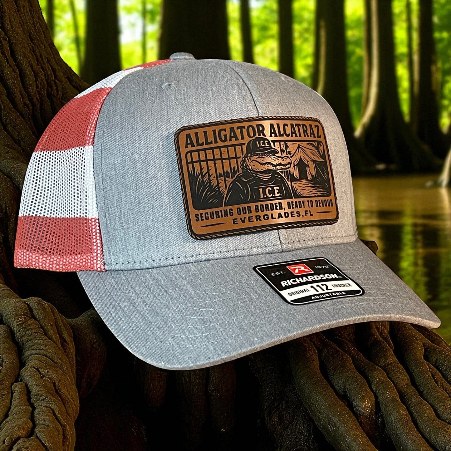 Alligator Alcatraz Swamp ICE Funny Leather Patch SnapBack Trucker Hat - Hollow Point Society - Patch Hat