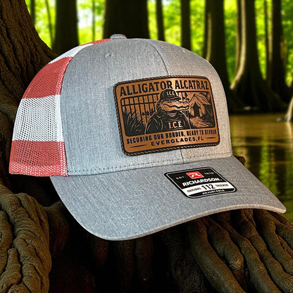 Alligator Alcatraz Swamp ICE Funny Leather Patch SnapBack Trucker Hat - Hollow Point Society - Patch Hat