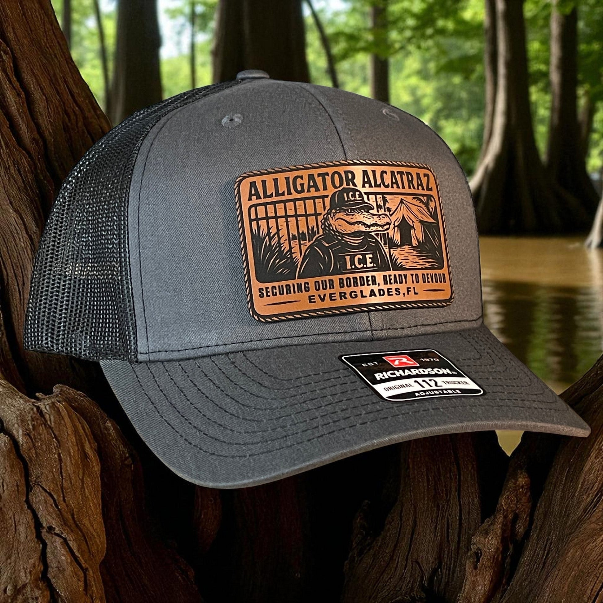 Alligator Alcatraz Swamp ICE Funny Leather Patch SnapBack Trucker Hat - Hollow Point Society - Patch Hat