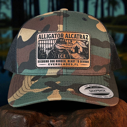 Alligator Alcatraz Swamp ICE Funny Leather Patch SnapBack Trucker Hat - Hollow Point Society - Patch Hat