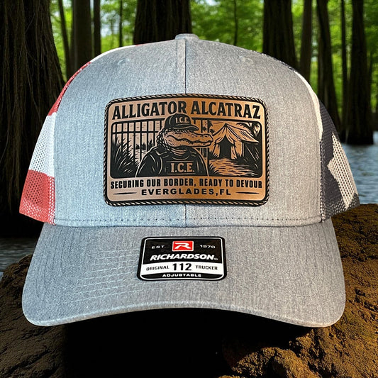 Alligator Alcatraz Swamp ICE Funny Leather Patch SnapBack Trucker Hat - Hollow Point Society - Patch Hat