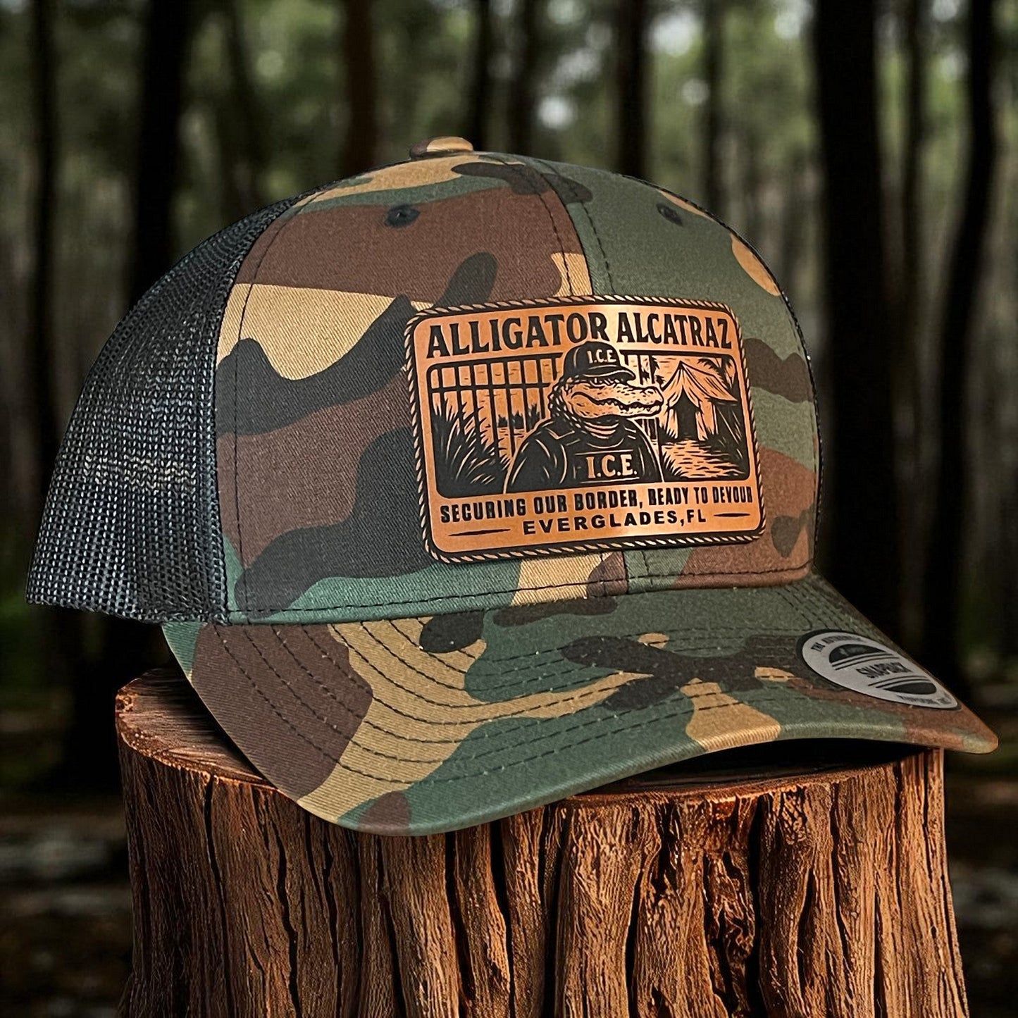 Alligator Alcatraz Swamp ICE Funny Leather Patch SnapBack Trucker Hat - Hollow Point Society - Patch Hat