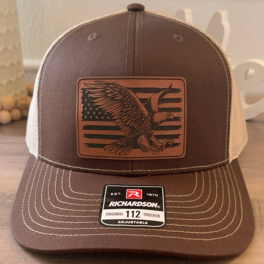 American Flag Eagle Leather Patch Hat Brown - Hollow Point Society - Patch Hat