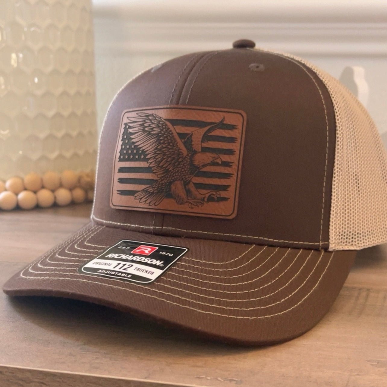 American Flag Eagle Leather Patch Hat Brown - Hollow Point Society - Patch Hat