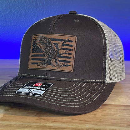 American Flag Eagle Leather Patch Hat Brown - Hollow Point Society - Patch Hat