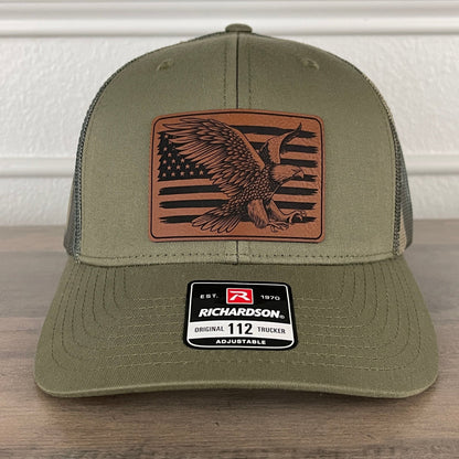 American Flag Eagle Patriotic Leather Patch Hat Green/Camo - Hollow Point Society - Patch Hat