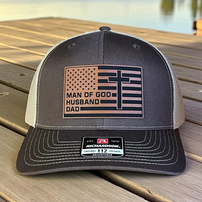 American Flag Man Of God Cross Christian SnapBack Trucker Hat Leather Patch - Hollow Point Society - Patch Hat