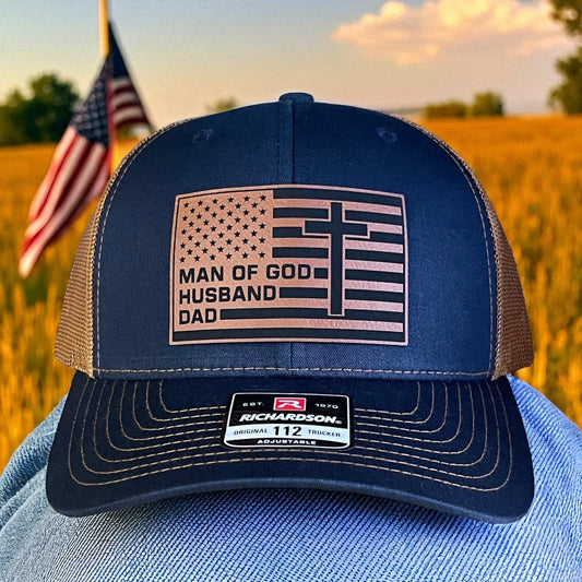 American Flag Man Of God Cross Christian SnapBack Trucker Hat Leather Patch - Hollow Point Society - Patch Hat