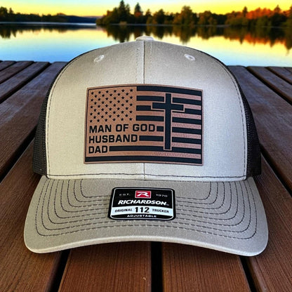 American Flag Man Of God Cross Christian SnapBack Trucker Hat Leather Patch - Hollow Point Society - Patch Hat