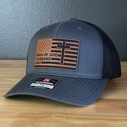American Flag Man Of God Cross Christian SnapBack Trucker Hat Leather Patch - Hollow Point Society - Patch Hat