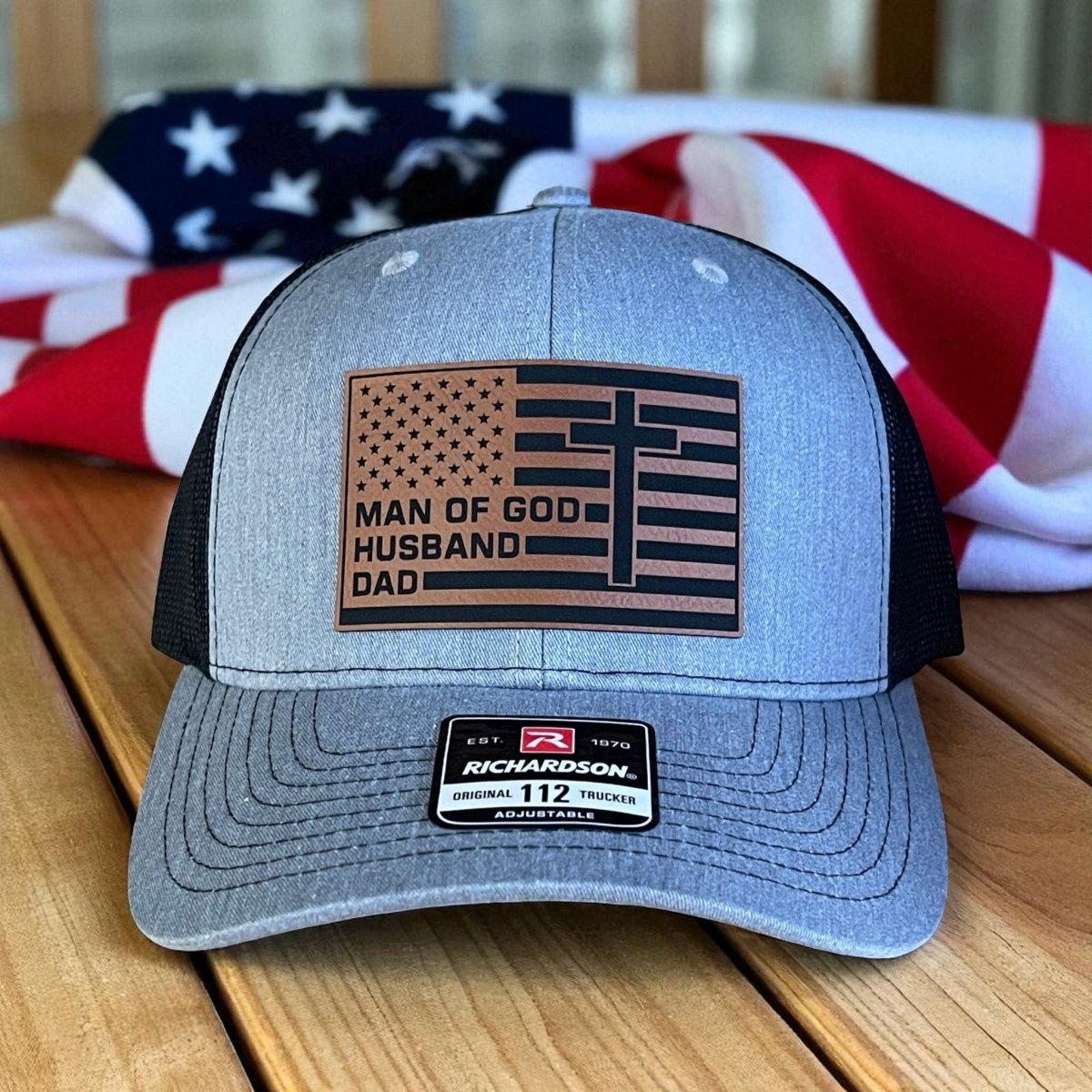 American Flag Man Of God Cross Christian SnapBack Trucker Hat Leather Patch - Hollow Point Society - Patch Hat