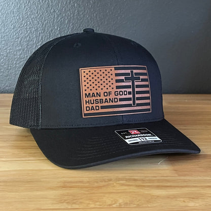 American Flag Man Of God Cross Christian SnapBack Trucker Hat Leather Patch - Hollow Point Society - Patch Hat