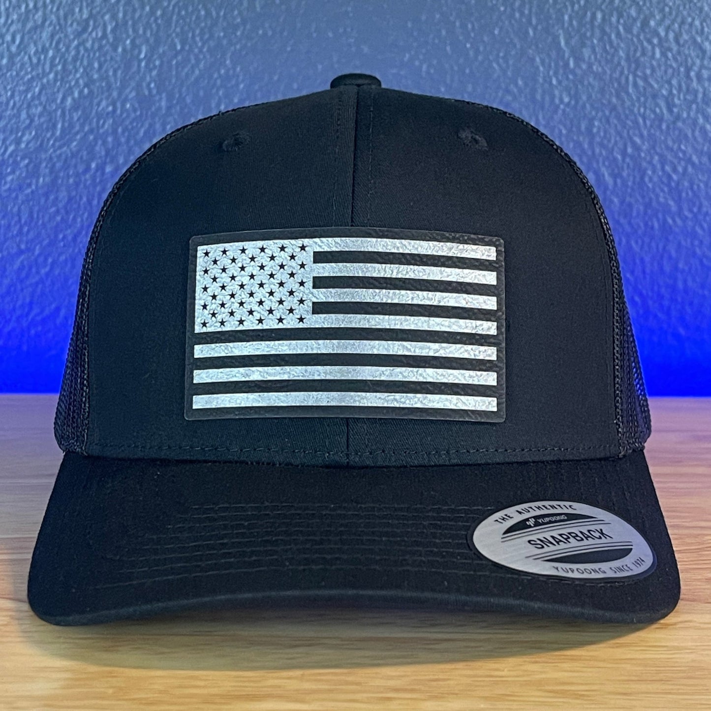 American Flag Patriotic SnapBack Trucker Hat Blk/Silv Leather Patch Black - Hollow Point Society - Patch Hat