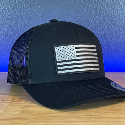 American Flag Patriotic SnapBack Trucker Hat Blk/Silv Leather Patch Black - Hollow Point Society - Patch Hat