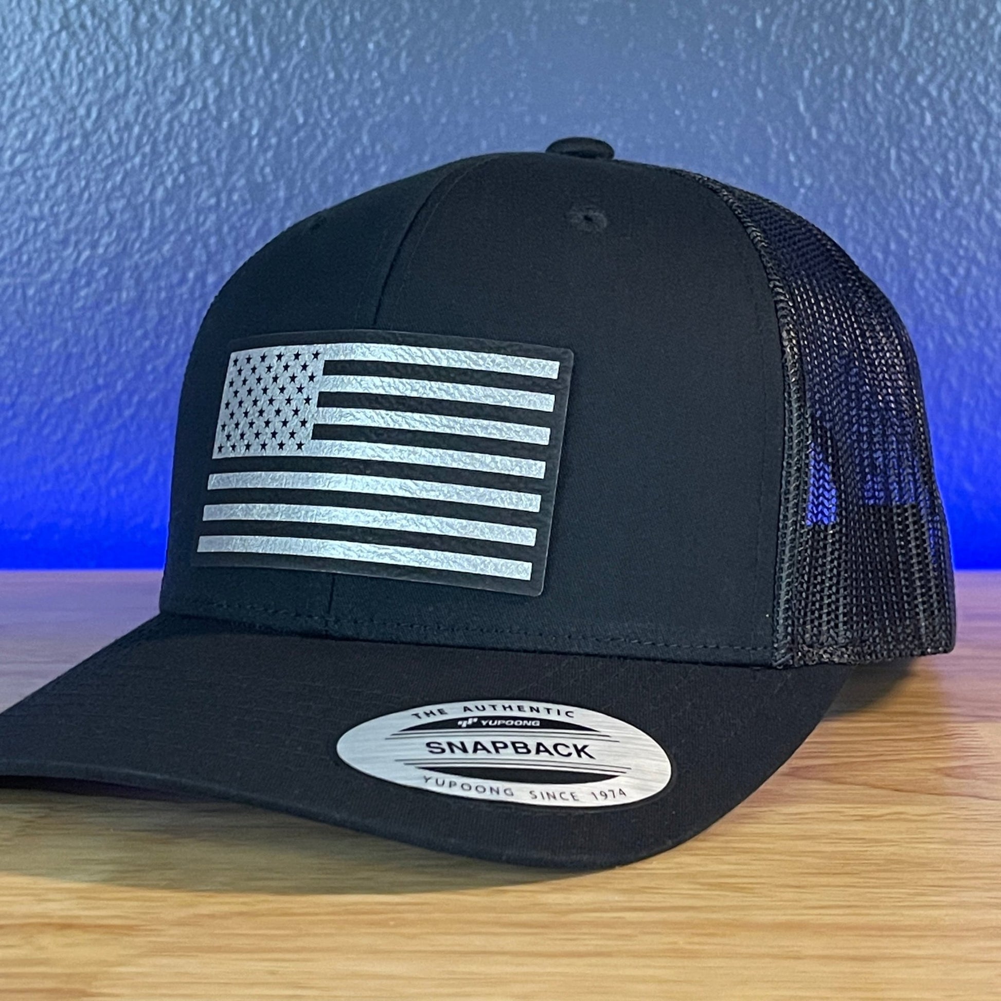 American Flag Patriotic SnapBack Trucker Hat Blk/Silv Leather Patch Black - Hollow Point Society - Patch Hat