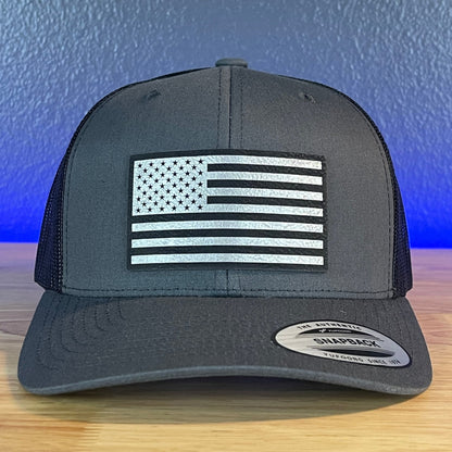 American Flag Patriotic SnapBack Trucker Hat Leather Patch Charcoal (Blk/Silv) - Hollow Point Society - Patch Hat