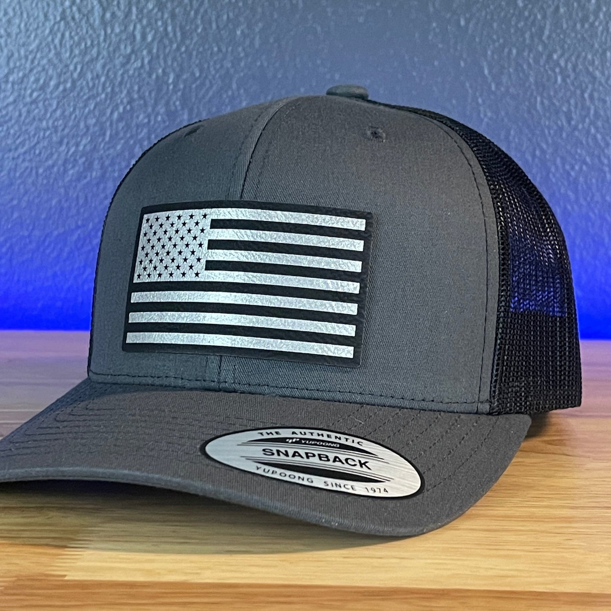 American Flag Patriotic SnapBack Trucker Hat Leather Patch Charcoal (Blk/Silv) - Hollow Point Society - Patch Hat