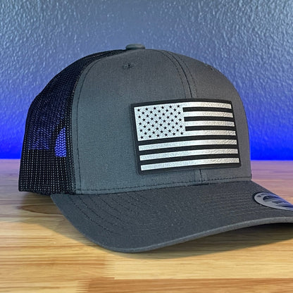 American Flag Patriotic SnapBack Trucker Hat Leather Patch Charcoal (Blk/Silv) - Hollow Point Society - Patch Hat