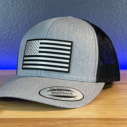 American Flag Patriotic SnapBack Trucker Leather Patch Hat (Blk/Silv) - Hollow Point Society - Patch Hat