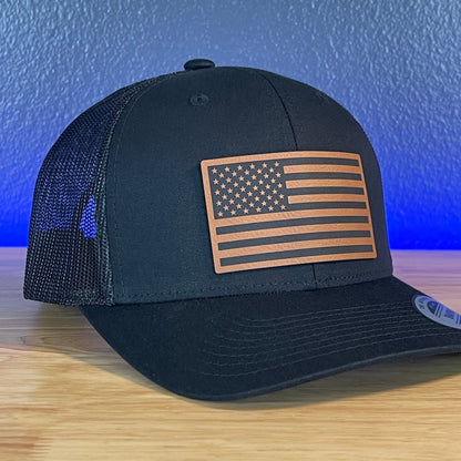 American Flag Patriotic SnapBack Trucker Rawhide Leather Patch Hat Black - Hollow Point Society - Patch Hat