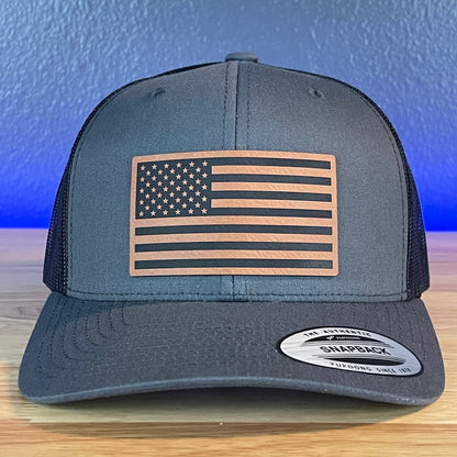 American Flag Patriotic SnapBack Trucker Rawhide Leather Patch Hat Charcoal - Hollow Point Society - Patch Hat