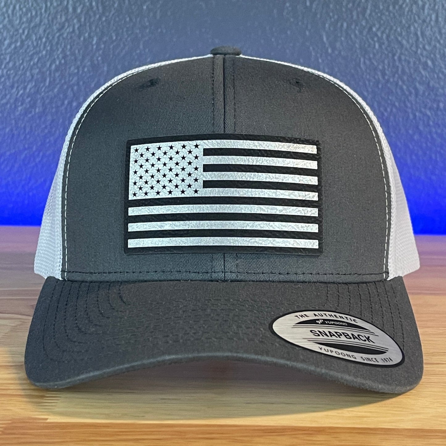 American Flag Patriotic SnapBack Trucker Rawhide Leather Patch Hat Charcoal/White (Blk/Silv) - Hollow Point Society - Patch Hat