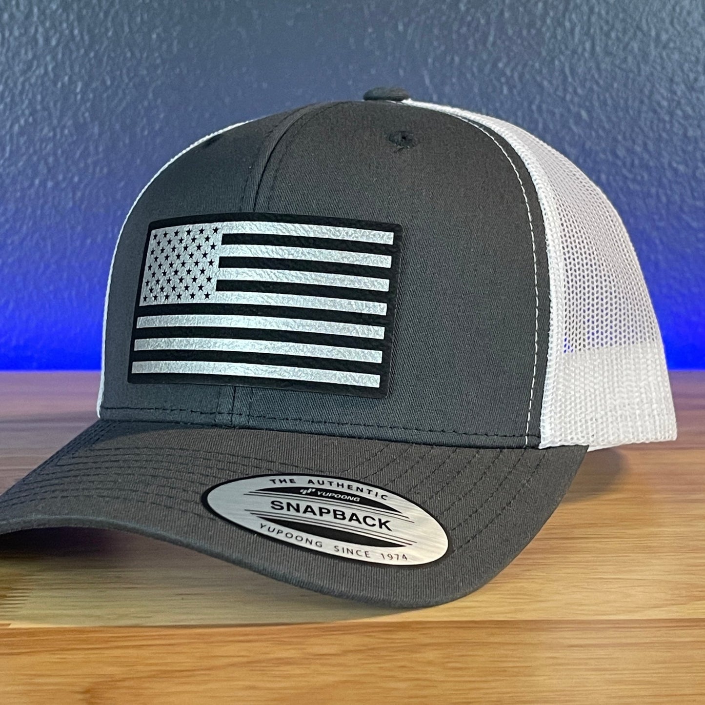 American Flag Patriotic SnapBack Trucker Rawhide Leather Patch Hat Charcoal/White (Blk/Silv) - Hollow Point Society - Patch Hat