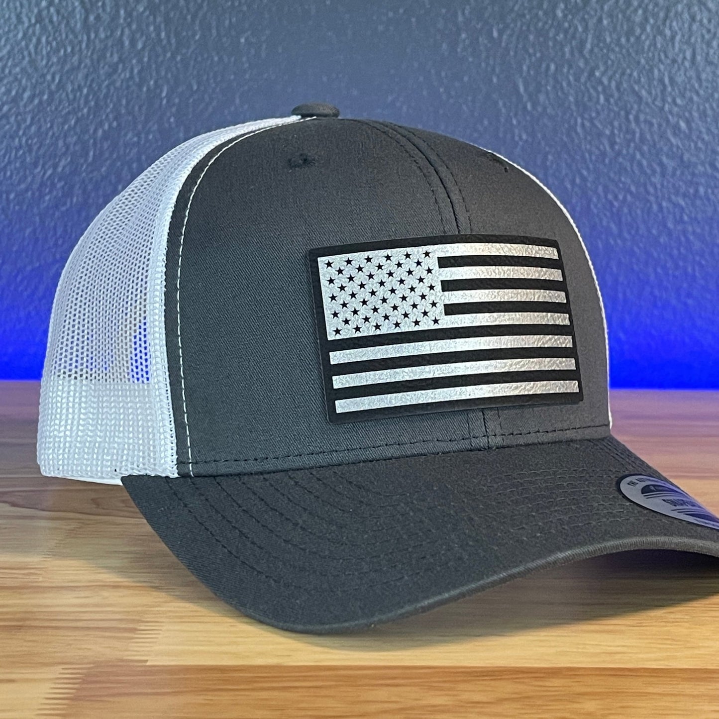 American Flag Patriotic SnapBack Trucker Rawhide Leather Patch Hat Charcoal/White (Blk/Silv) - Hollow Point Society - Patch Hat