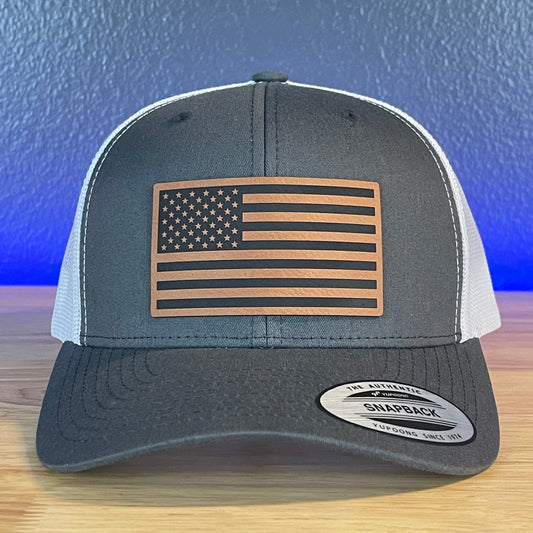 American Flag Patriotic SnapBack Trucker Rawhide Leather Patch Hat Charcoal/White - Hollow Point Society - Patch Hat