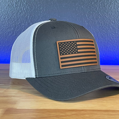 American Flag Patriotic SnapBack Trucker Rawhide Leather Patch Hat Charcoal/White - Hollow Point Society - Patch Hat