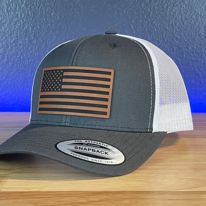 American Flag Patriotic SnapBack Trucker Rawhide Leather Patch Hat Charcoal/White - Hollow Point Society - Patch Hat