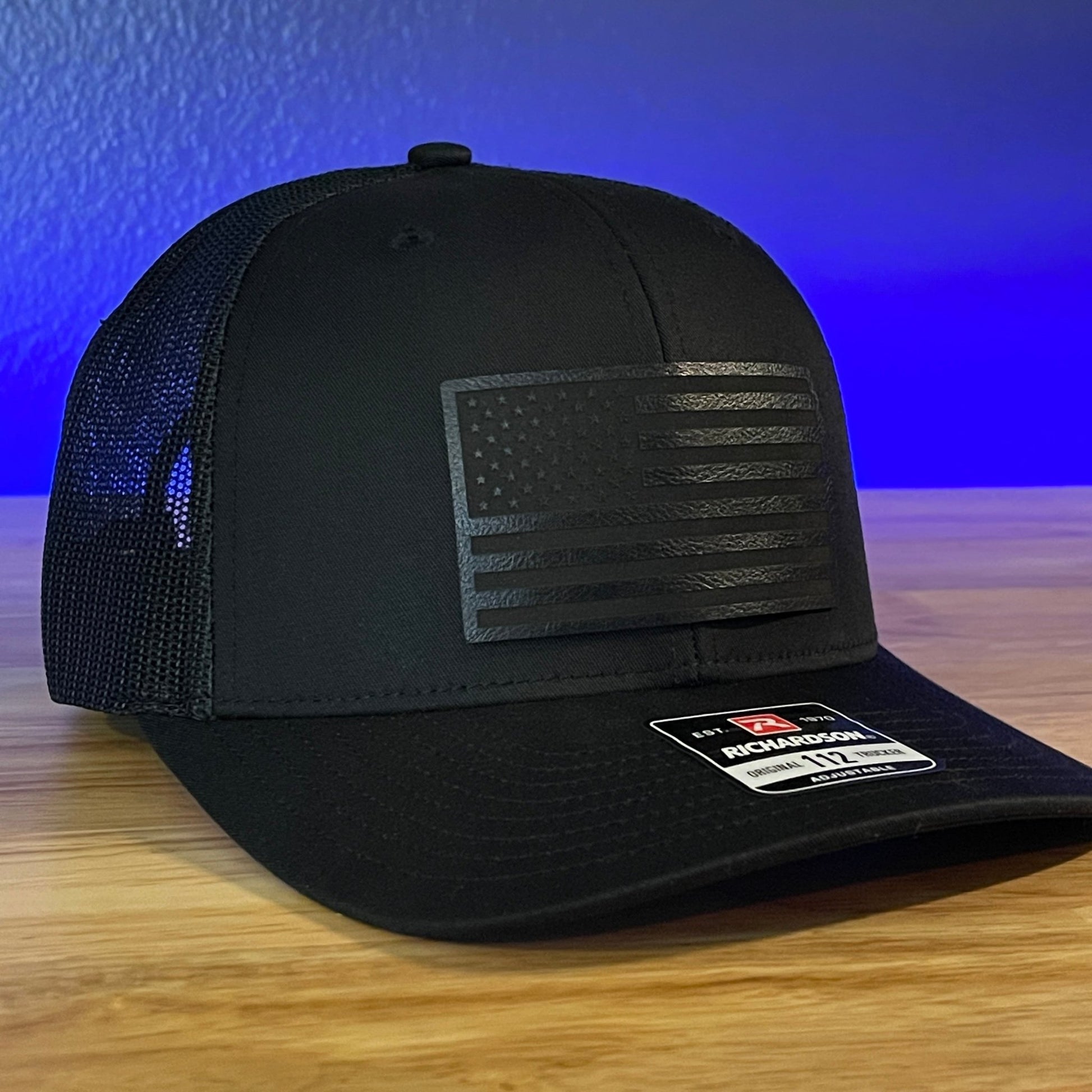 BLACK ON BLACK AMERICAN FLAG Patriotic Leather Patch Hat Black - Hollow Point Society - Patch Hat