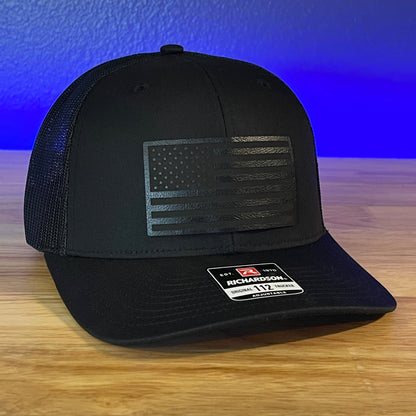 BLACK ON BLACK AMERICAN FLAG Patriotic Leather Patch Hat Black - Hollow Point Society - Patch Hat