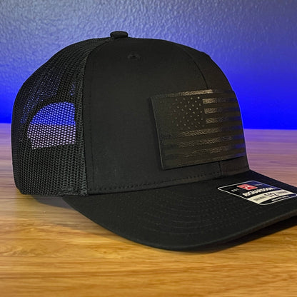 BLACK ON BLACK AMERICAN FLAG Patriotic Leather Patch Hat Black - Hollow Point Society - Patch Hat