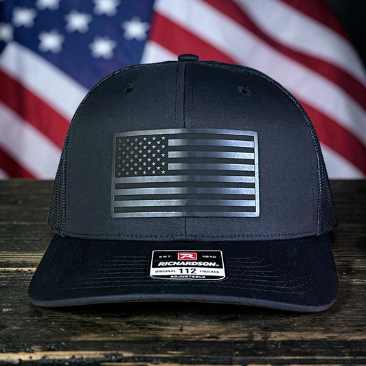 Blacked Out American Flag Patriotic Leather Patch Hat Black - Hollow Point Society - Patch Hat
