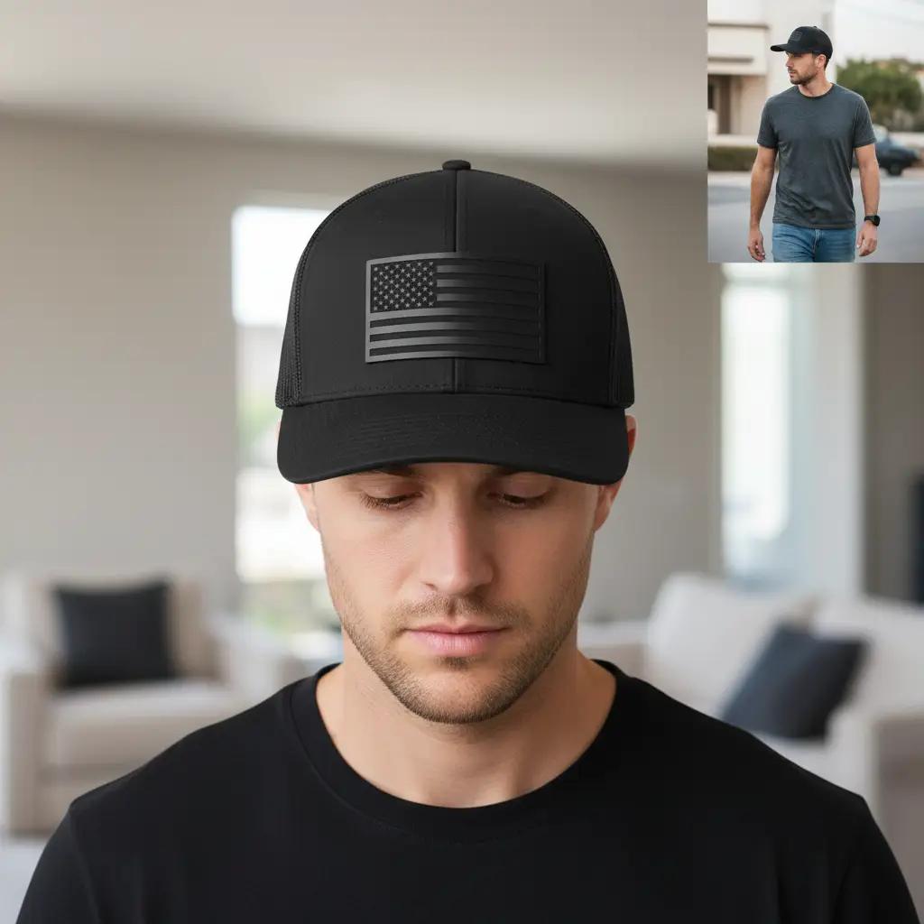 Blacked Out American Flag Patriotic Leather Patch Hat Black - Hollow Point Society - Patch Hat