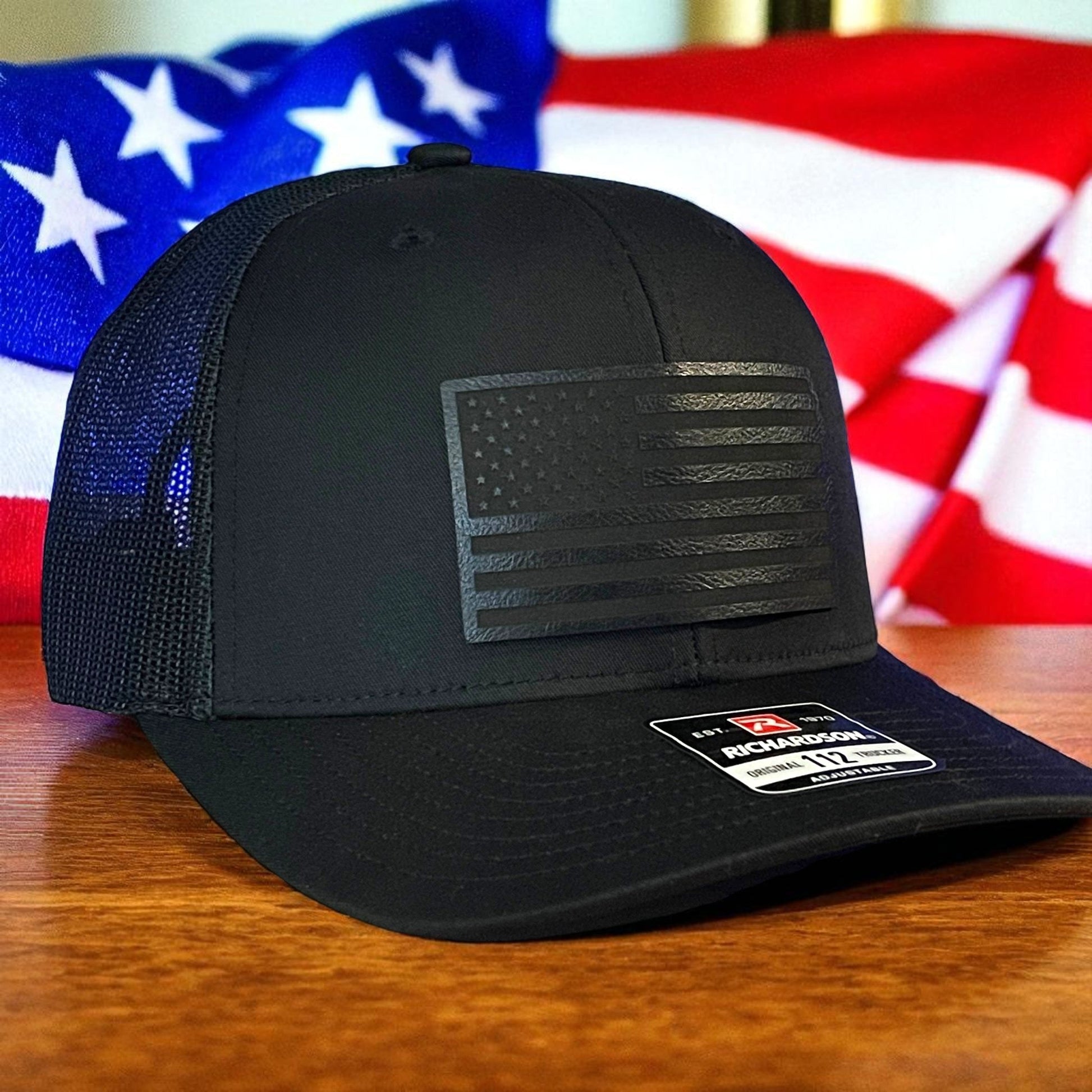 Blacked Out American Flag Patriotic Leather Patch Hat Black - Hollow Point Society - Patch Hat