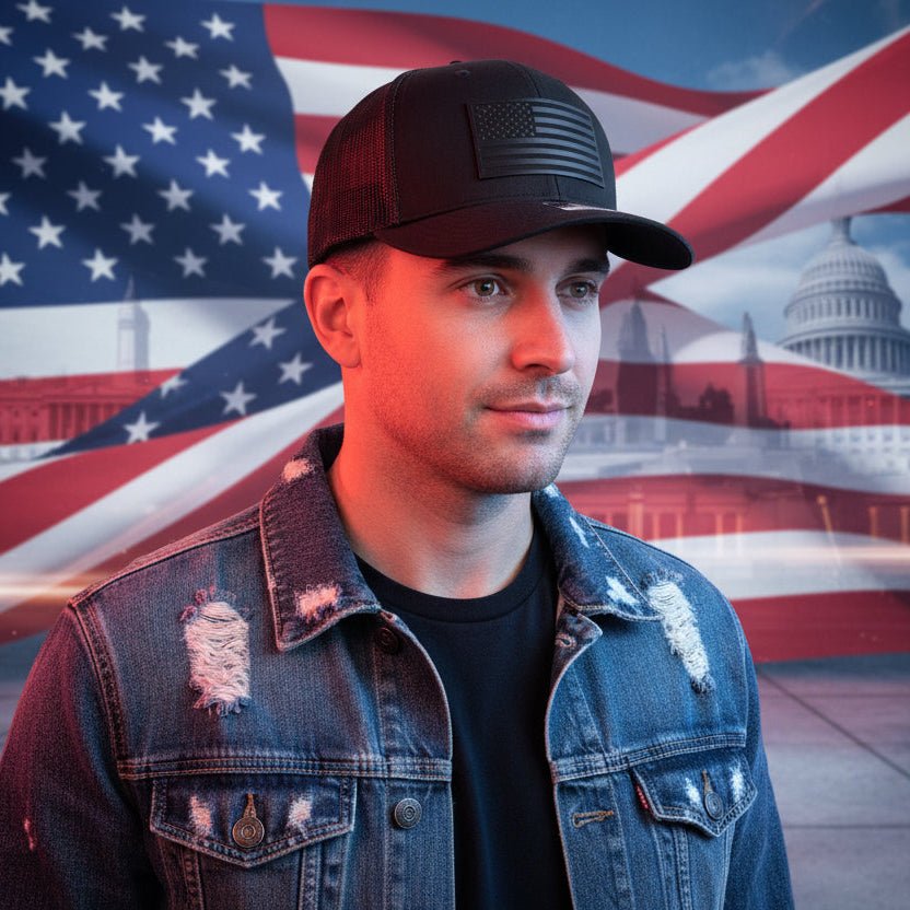Blacked Out American Flag Patriotic Leather Patch Hat Black - Hollow Point Society - Patch Hat