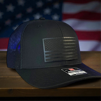 Blacked Out American Flag Patriotic Leather Patch Hat Black - Hollow Point Society - Patch Hat
