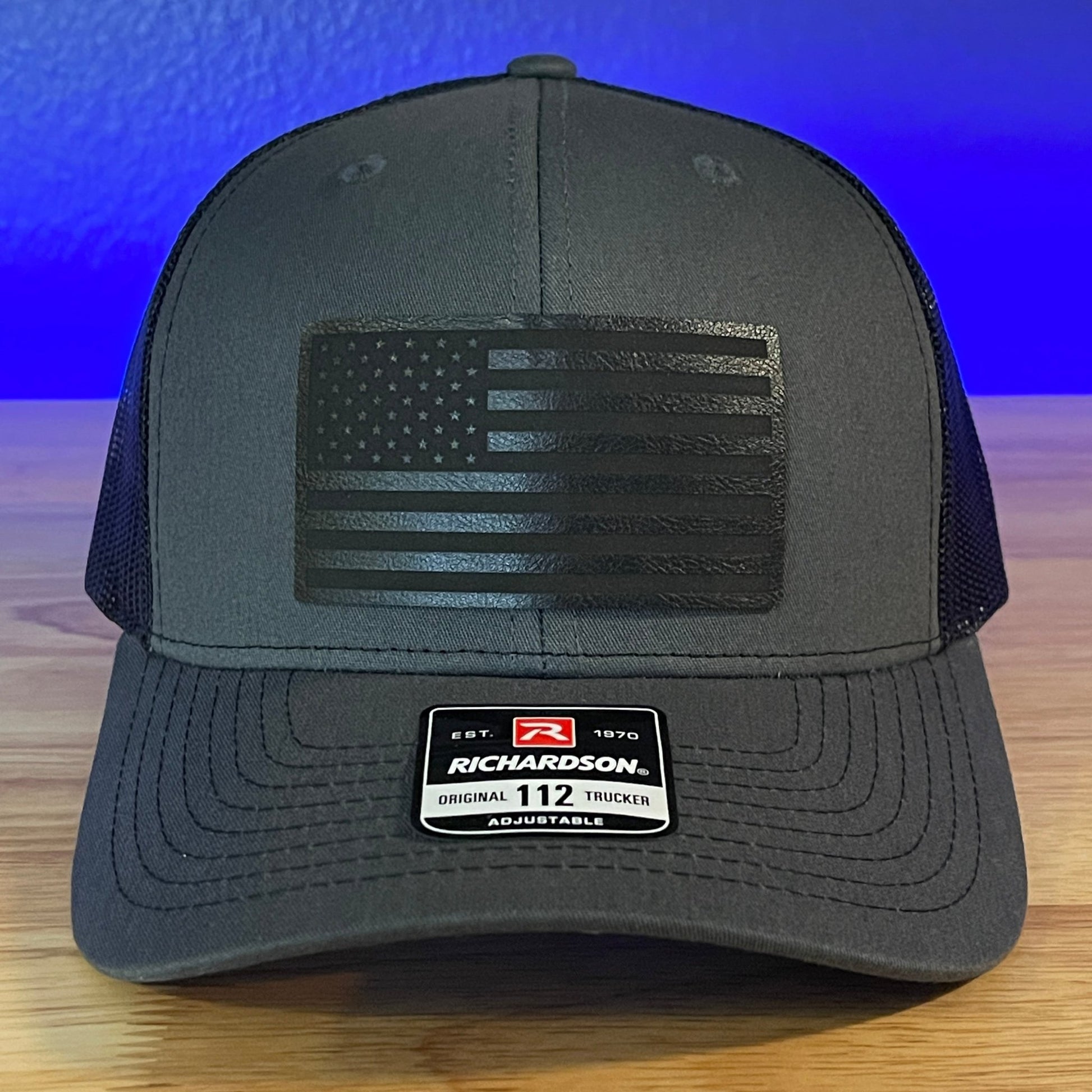 BLACKED OUT AMERICAN FLAG Patriotic Leather Patch Hat Charcoal/Black - Hollow Point Society - Patch Hat