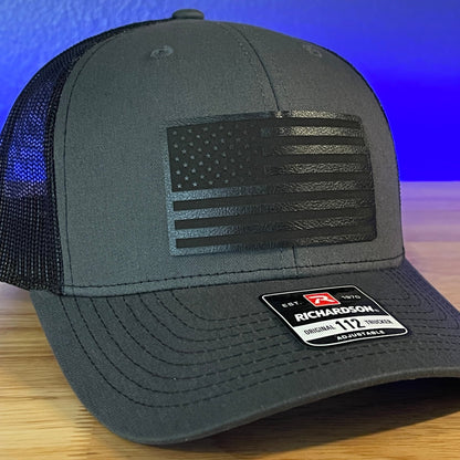 BLACKED OUT AMERICAN FLAG Patriotic Leather Patch Hat Charcoal/Black - Hollow Point Society - Patch Hat