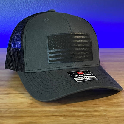 BLACKED OUT AMERICAN FLAG Patriotic Leather Patch Hat Charcoal/Black - Hollow Point Society - Patch Hat