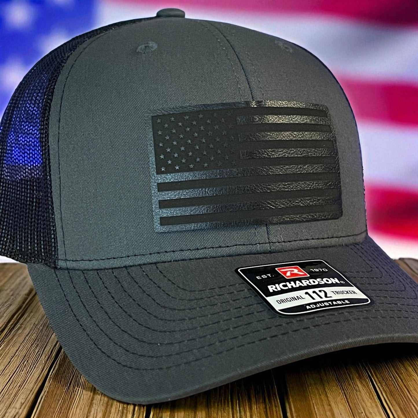BLACKED OUT AMERICAN FLAG Patriotic Leather Patch Hat Charcoal/Black - Hollow Point Society - Patch Hat