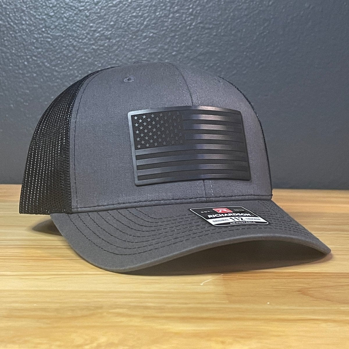BLACKED OUT AMERICAN FLAG Patriotic Leather Patch Hat Charcoal/Black - Hollow Point Society - Patch Hat