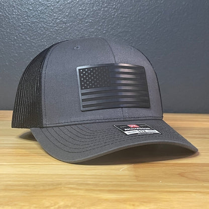 BLACKED OUT AMERICAN FLAG Patriotic Leather Patch Hat Charcoal/Black - Hollow Point Society - Patch Hat
