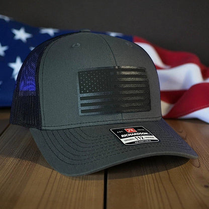 BLACKED OUT AMERICAN FLAG Patriotic Leather Patch Hat Charcoal/Black - Hollow Point Society - Patch Hat