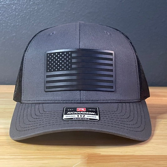 BLACKED OUT AMERICAN FLAG Patriotic Leather Patch Hat Charcoal/Black - Hollow Point Society - Patch Hat
