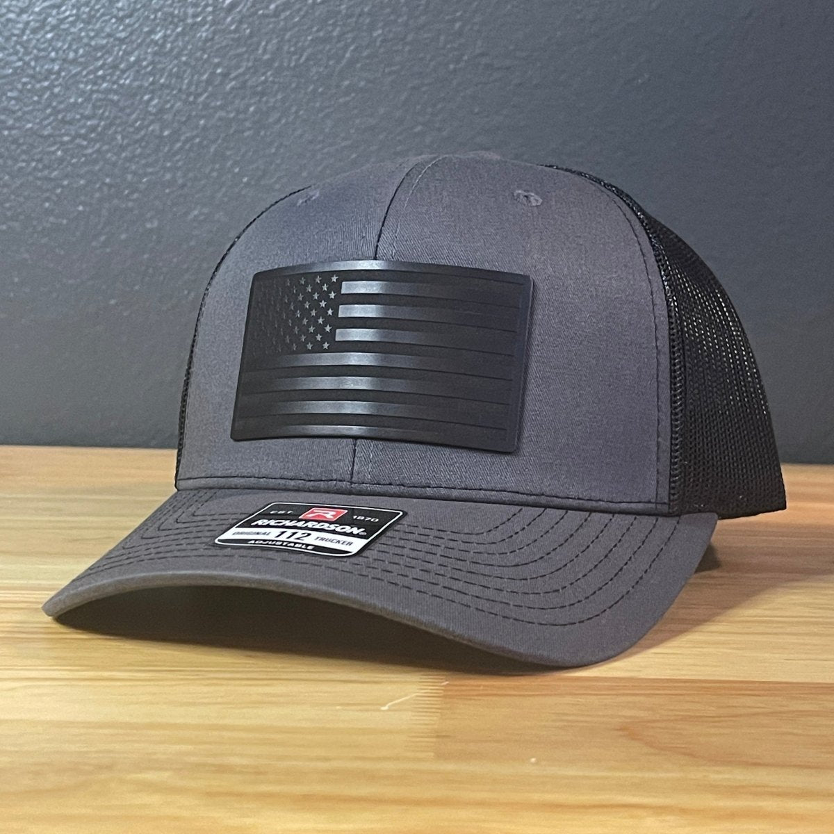 BLACKED OUT AMERICAN FLAG Patriotic Leather Patch Hat Charcoal/Black - Hollow Point Society - Patch Hat