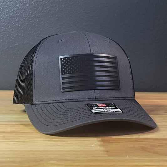 BLACKED OUT AMERICAN FLAG Patriotic Leather Patch Hat Charcoal/Black - Hollow Point Society - Patch Hat